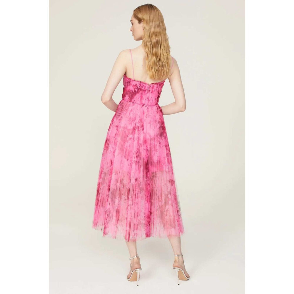 ML Monique Lhuillier Pink Floral Pleated Strapless Midi Dress Size 2 - Picture 2 of 11